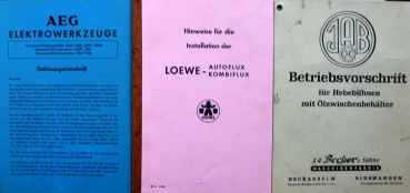 AEG Powertools, Loewe Autoflux, JAB Lifter, Tecalmit Compressor 1955 four Ownermanuals in map (5996)